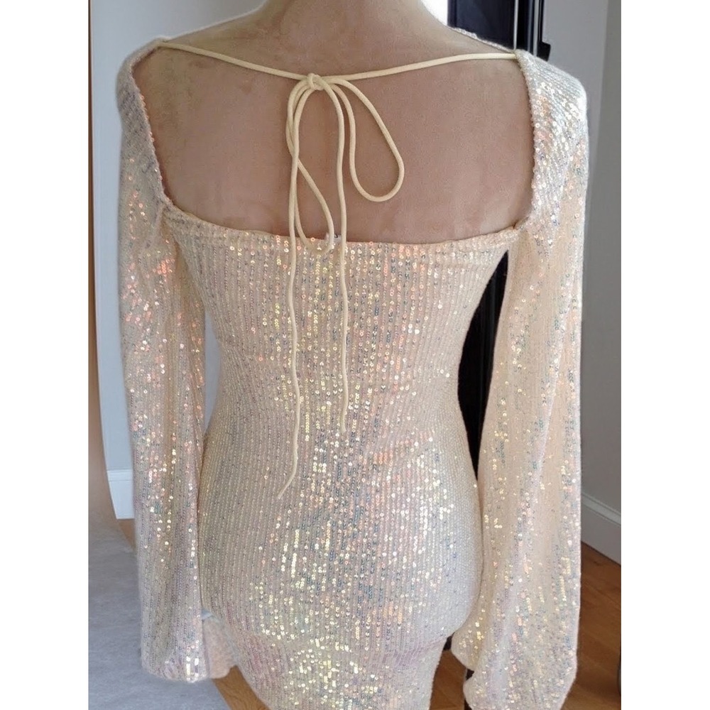 Lucy in the Sky large Sequin Long Sleeve Mini Dress Champagne Open Back HOCO - Picture 5 of 9